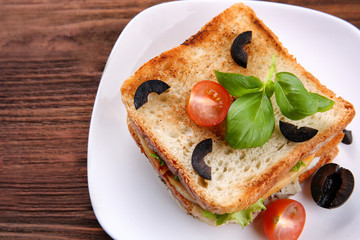 Tasty sandwich with cheese on plate