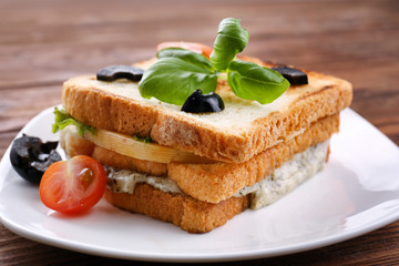 Tasty sandwich with cheese on plate