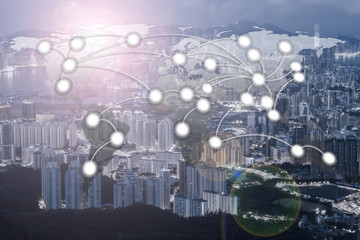 World Global Network Cartography Globalization with Hong Kong city background (Elements of this image furnished by NASA)