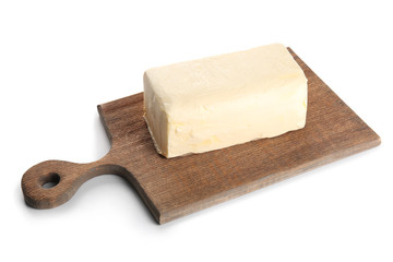 Board with butter on white background, closeup