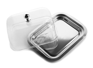 Empty butter dish on white background