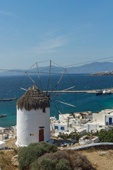 Fototapeta na wymiar Panorama of white windmill and island of Mykonos, Cyclades, Greece