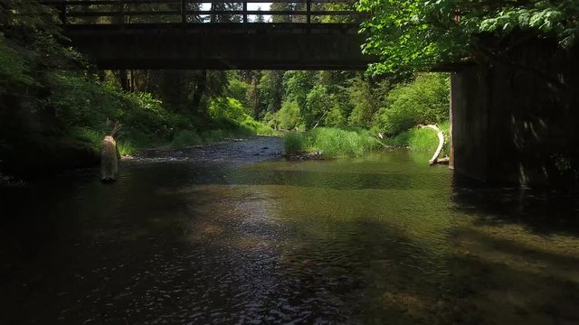 Flying over a creek with bridge, Oregon, USA