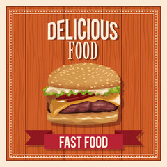 delicious food. hamburger fast food. poster wooden background vector illustration
