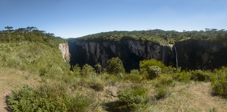 Panoramic view of Waterfall in Itaimbezinho Canyon at Aparados da Serra National Park - Cambara do Sul, Rio Grande do Sul, Brazil