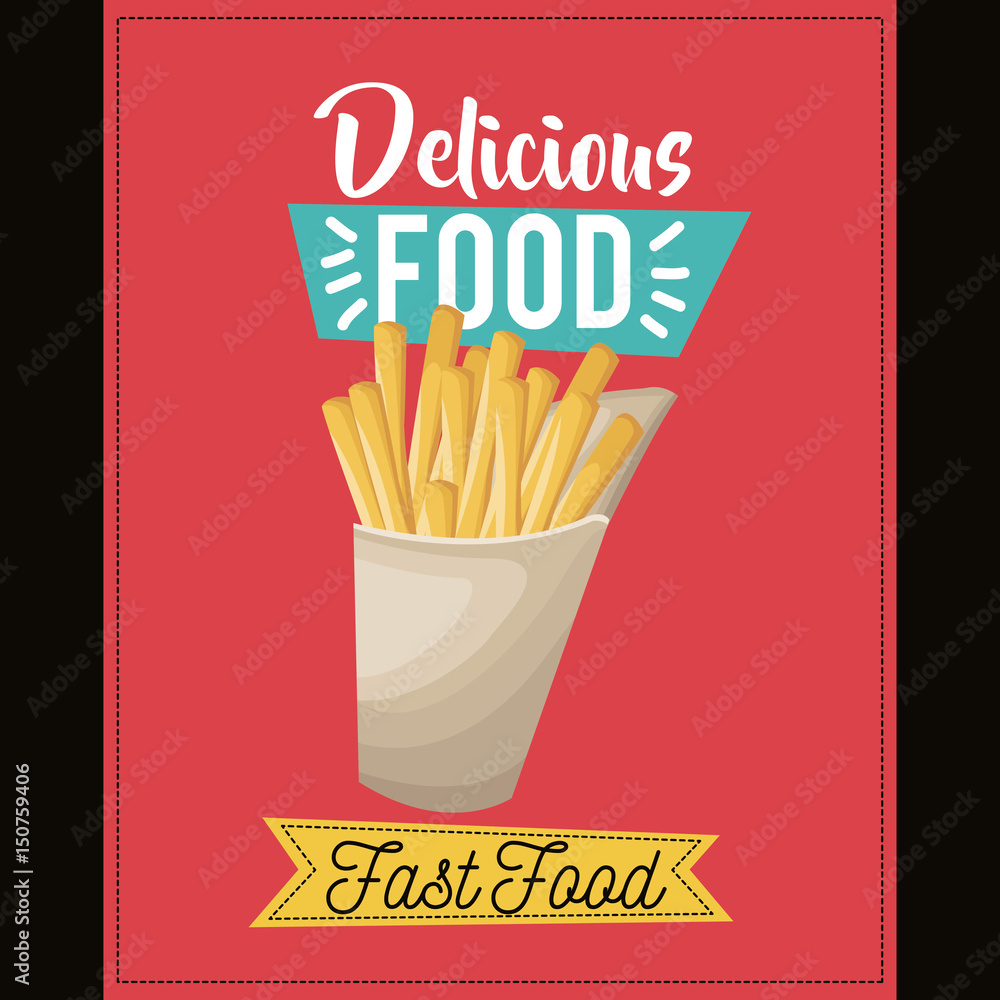 Sticker delicious food. french fries fast food snack lunch card vector illustration