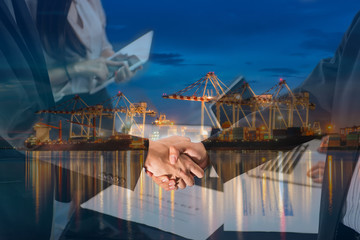 Double Exposure of a businessman handshake on the Industrial port with containers background. Concept of business agreement of industrial port, shipping, transportation, logistic import export.