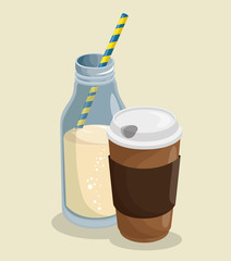 A bottle of milk with straw and cup of coffee over beige background. Vector illuistration.