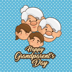 Happy grandparent day card with heart, elderly woman, man, and grandchildren over dotted blue background. Vector illustration.