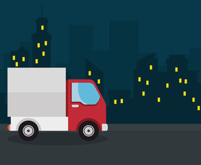 Red truck over nighttime city skyline background. Vector illustration.