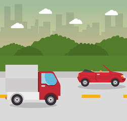 Truck, red cabriolet car, street, bushes and city skyline design. Vector illustration,