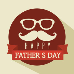 Happy father day red card with mustache and glasses over beige background. Vector illustration.