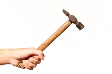 Human hand holding a hammer lifted up  isolated on white background