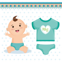 Cute happy baby boy with blue diaper and teal clothing over white dotted background. Vector illustration.
