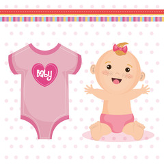 Cute happy baby girl with pink bow, diaper and baby clothing,  over pink dotted background. Vector illustration.