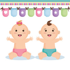 Cute happy baby girl and boy with decorative banner over white background. Vector illustration.