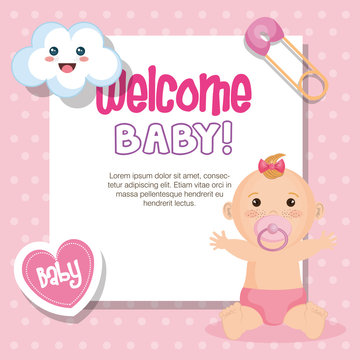 Welcome baby card with cute baby girl, heart, kawaii cloud and safety pin over pink dotted background. Vector illustration.