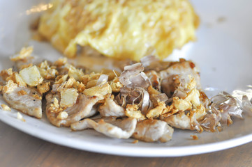 omelet, rice and fried pork