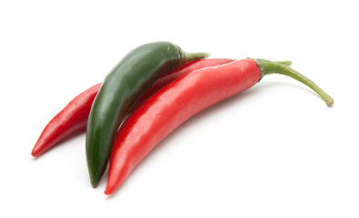 Red and green hot chili peppers isolated