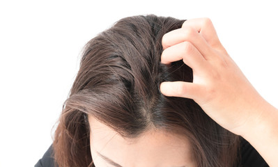 Closeup woman hand itchy scalp, Hair care concept