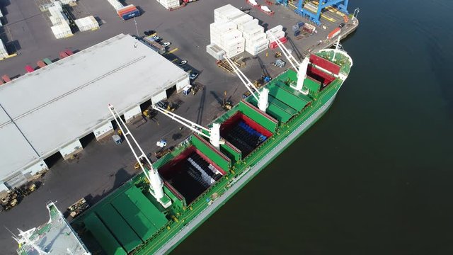 Aerial View of Cargo Container Ship Being Loaded Unloaded
