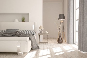 White modern bedroom. Scandinavian interior design. 3D illustration