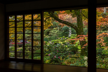Japanese wooden house with autumn landscape