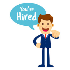 Businessman With Speech Bubble Saying You Are Hired