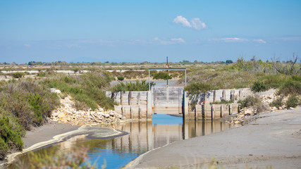 Lock on a river in Aigues-Mortes in Camargue, salt marshes in Salins du Midi