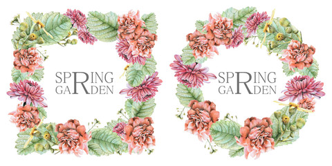 Set of square and round frames with spring flowers and plants drawn by hand with crayons. Painted by hand with colored pencils illustration isolated on white background. Romantic vintage style