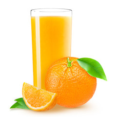 Isolated drink. Slices of orange fruit and glass of juice isolated on white with clipping path