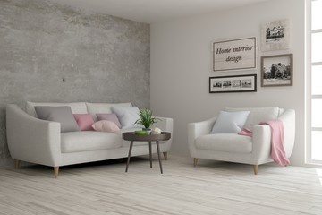 White modern room with sofa. Scandinavian interior design. 3D illustration