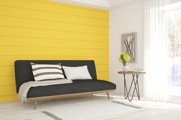 Yellow modern room with sofa. Scandinavian interior design. 3D illustration