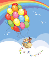 Bright travel / Vector illustration, Children travel in a Hot Air Balloon made of colored balloons flying in the sky