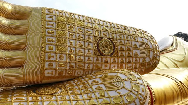 Footprint of Golden Buddha in Wat Phra That Suthon Mongkon Kiri temple in Den Chai, Thailand.