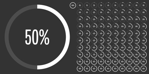 Set of circle percentage diagrams from 0 to 100 ready-to-use for web design, user interface (UI) or infographic - indicator with white