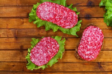 Sandwich with salami, top view