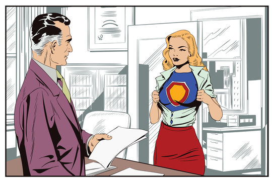 A businessman gives an assignment to a girl in a superhero costume.