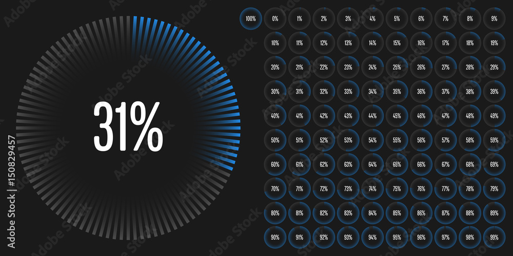 Poster set of circle percentage diagrams from 0 to 100 ready-to-use for web design, user interface (ui) or 