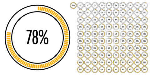 Set of circle percentage diagrams from 0 to 100 ready-to-use for web design, user interface (UI) or infographic - indicator with yellow