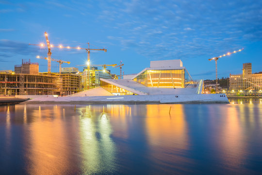 The Oslo Opera House in Oslo city at night in Norway