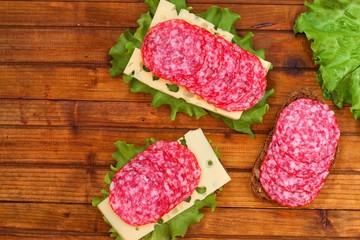 Sandwich with salami, top view