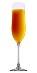 fresh fruit alcohol cocktail or mocktail mimosa in champagne glass with orange beverage isolated on white background