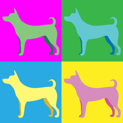 Silhouette of a dog in the style of pop art in pink, blue, yellow and green and with traces of paws and bones on the trunk