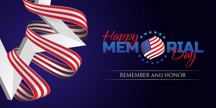 Happy Memorial Day greeting card with national flag colors ribbon and white star on dark background. Remember and honor. Can be used for design your website or print publications and other.