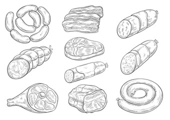 Fototapeta premium Vector sketch icons of butchery meat products