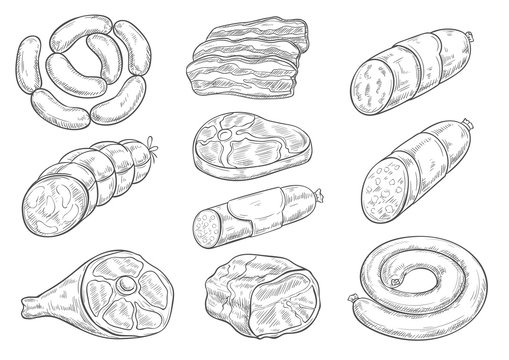Vector sketch icons of butchery meat products