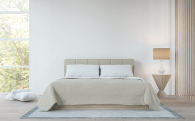 Modern white  bedroom in the forest 3d rendering image.There is a king size bed, wooden floors and large glass windows. Can look out to see the beautiful nature.
