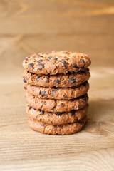 Cookies on rustic wooden  table. Chocolate dessert.