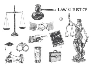 Law, justice and police set.Vintage vector hand drawn lineart
